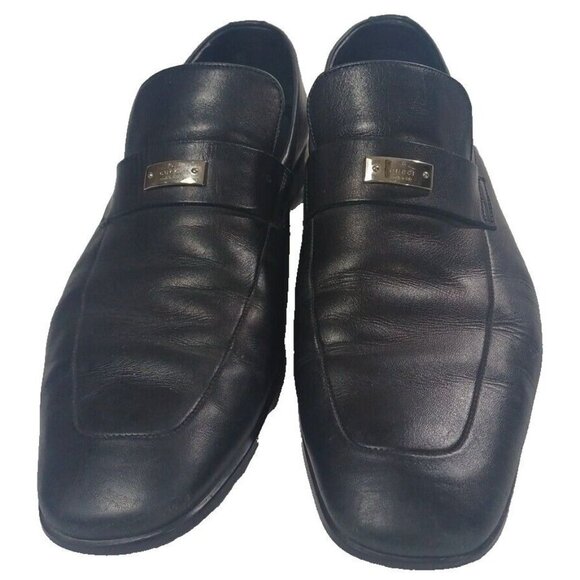 Men's Gucci Florence Black Leather Slip On Loafers Silver G Spell Out Logo - Picture 4 of 9